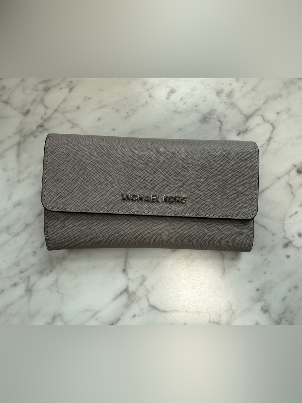 Michael Kors Gray Saffiano Trifold Wallet with Sliver Logo